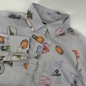 Banana Republic Skimmer Shirt Womens M Gray Linen Safari Travel Novelty Print